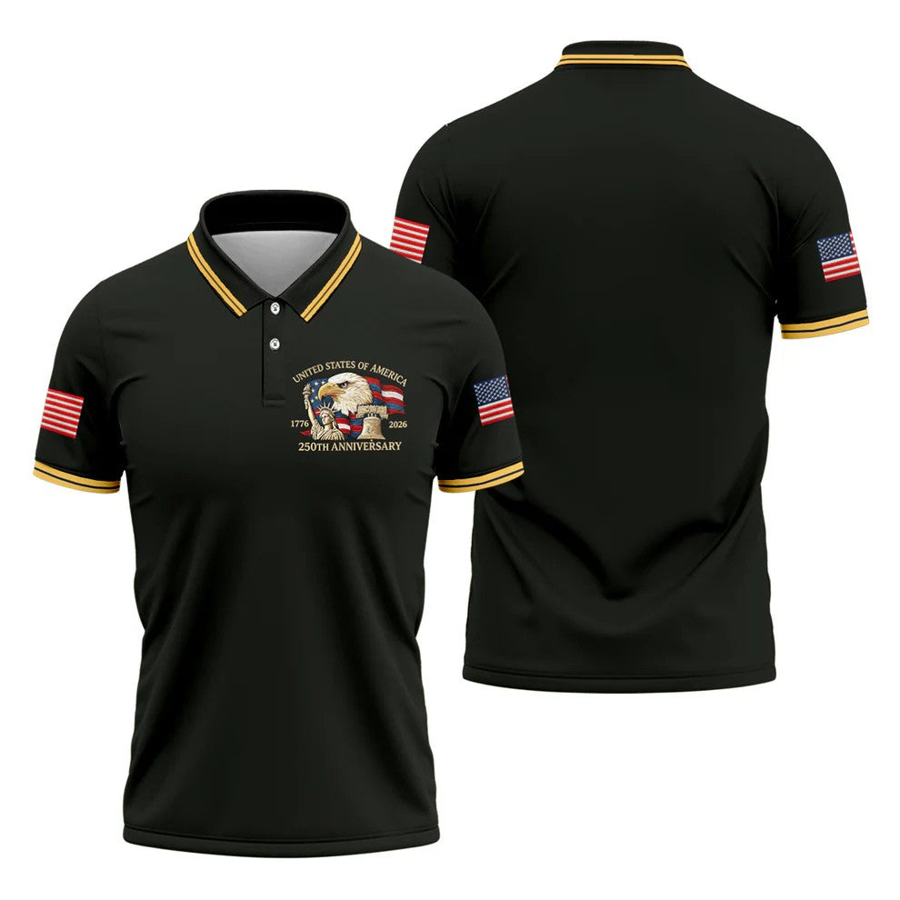 Bald Eagle American Flag 250 Years Black Golf Shirt, Patriotic 4th Of July Golf Shirts For Men