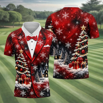 Tuxedo Tree Snowflakes Christmas Golf Shirt, Golf Shirts For Men, Mens Golf Apparel