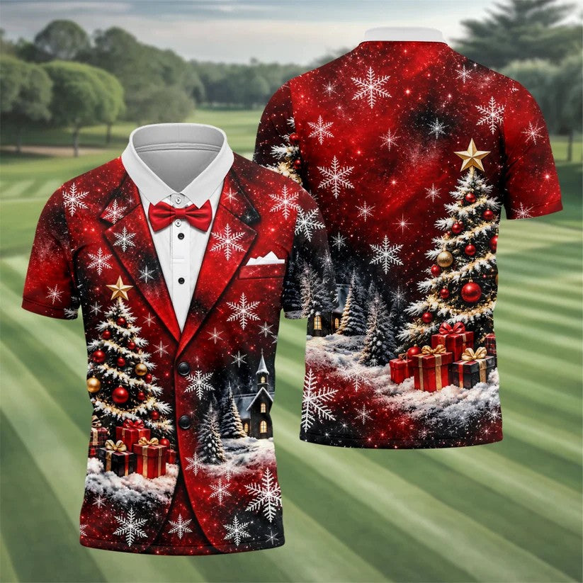 Tuxedo Tree Snowflakes Christmas Golf Shirt, Golf Shirts For Men, Mens Golf Apparel