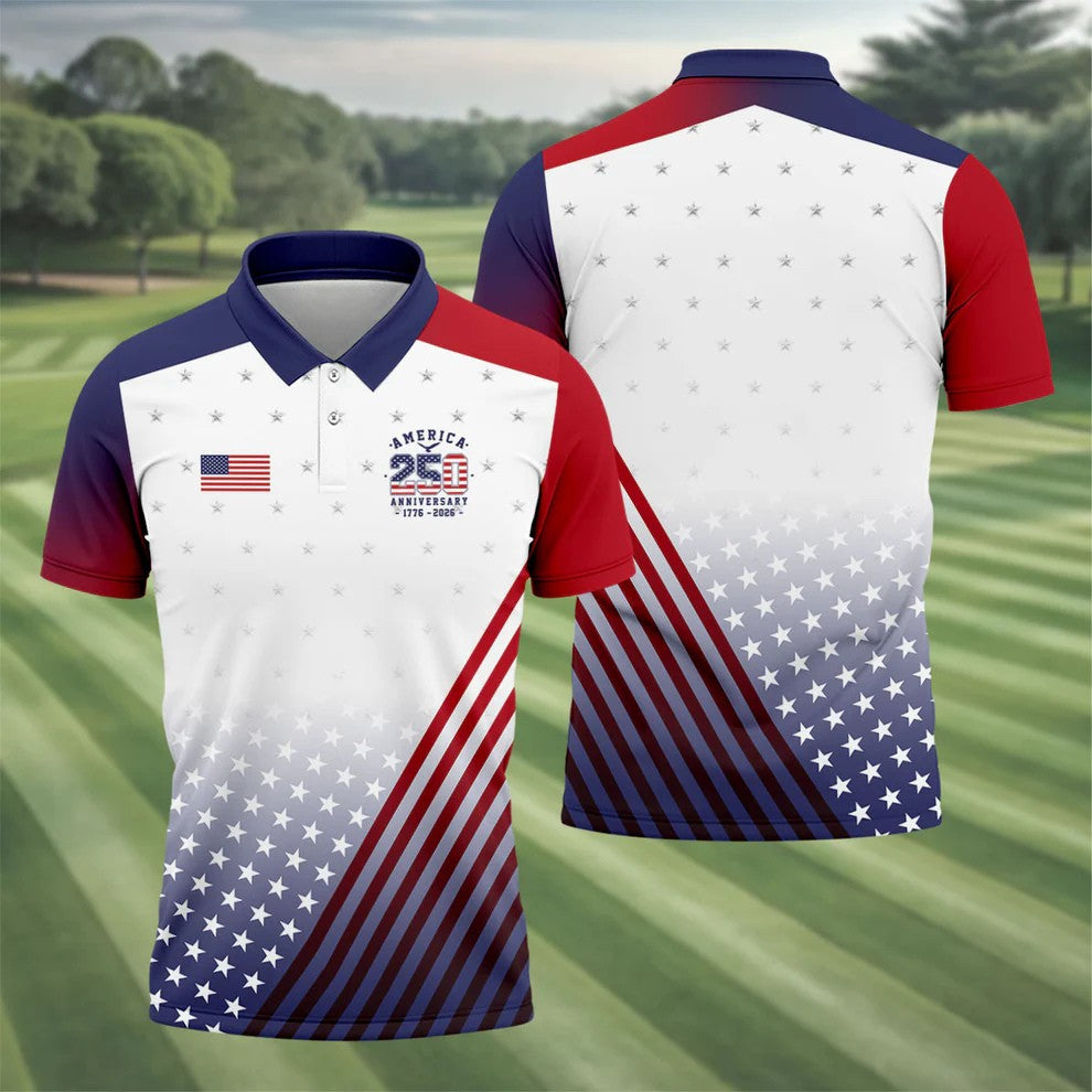 America 250 Anniversary 1776-2026 Flag Logo Golf Shirts For Men, Patriotic 4th Of July Golf Shirt