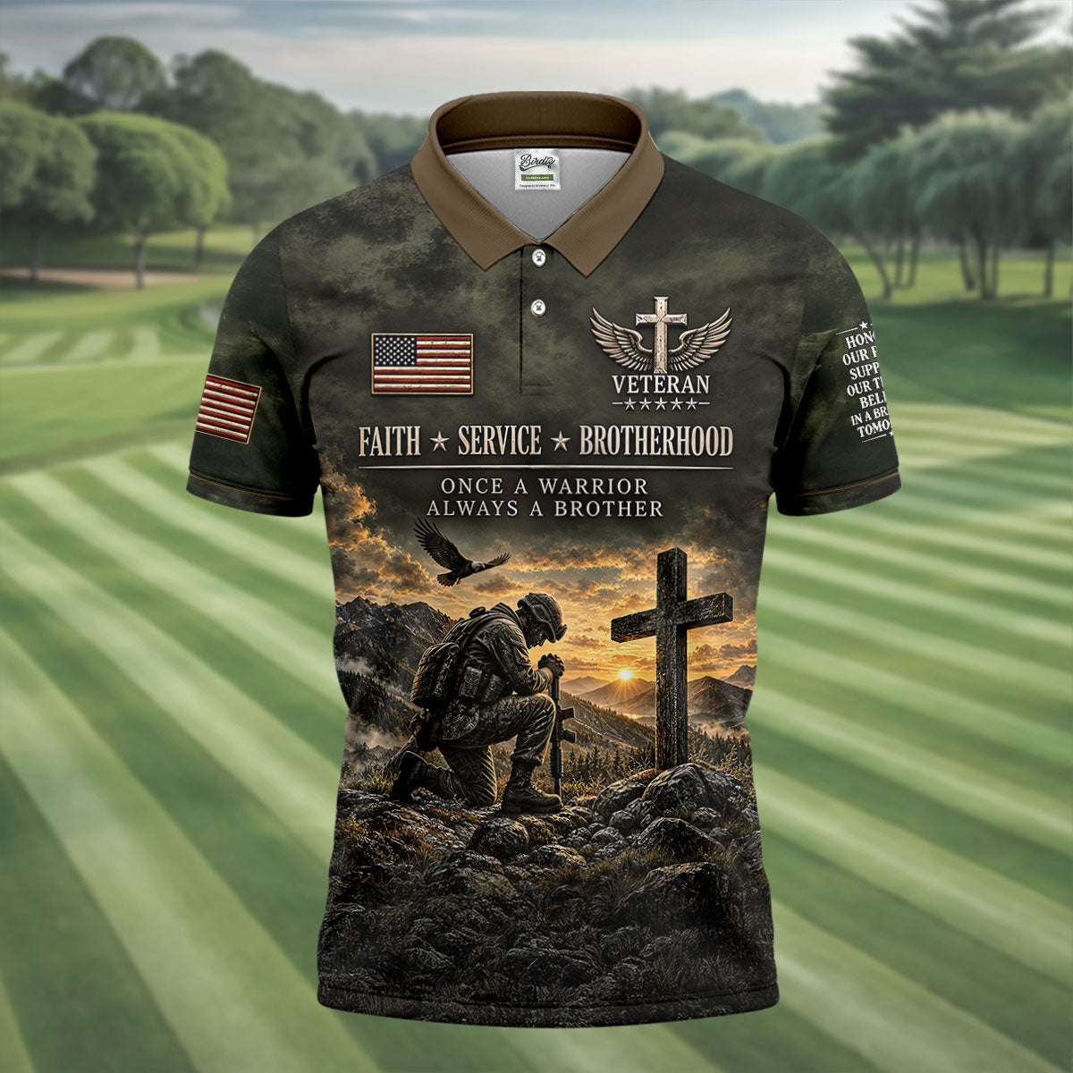 Veterans Day Praying Soldier Cross Polo Shirt, Polo Shirts For Men, Mens Golf Shirts