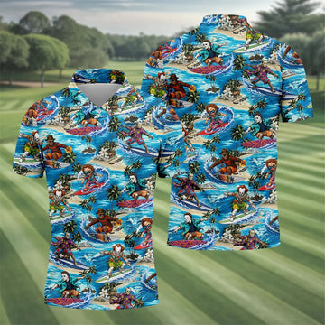Horror Character Surfing Hawaiian Golf Shirt, Tropical Slasher Golf Shirt, Golf Shirts For Men