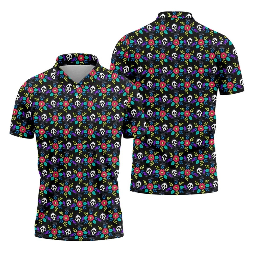 Floral Horror Character Halloween Polo Shirt, Halloween Shirts For Men, Mens Golf Polo