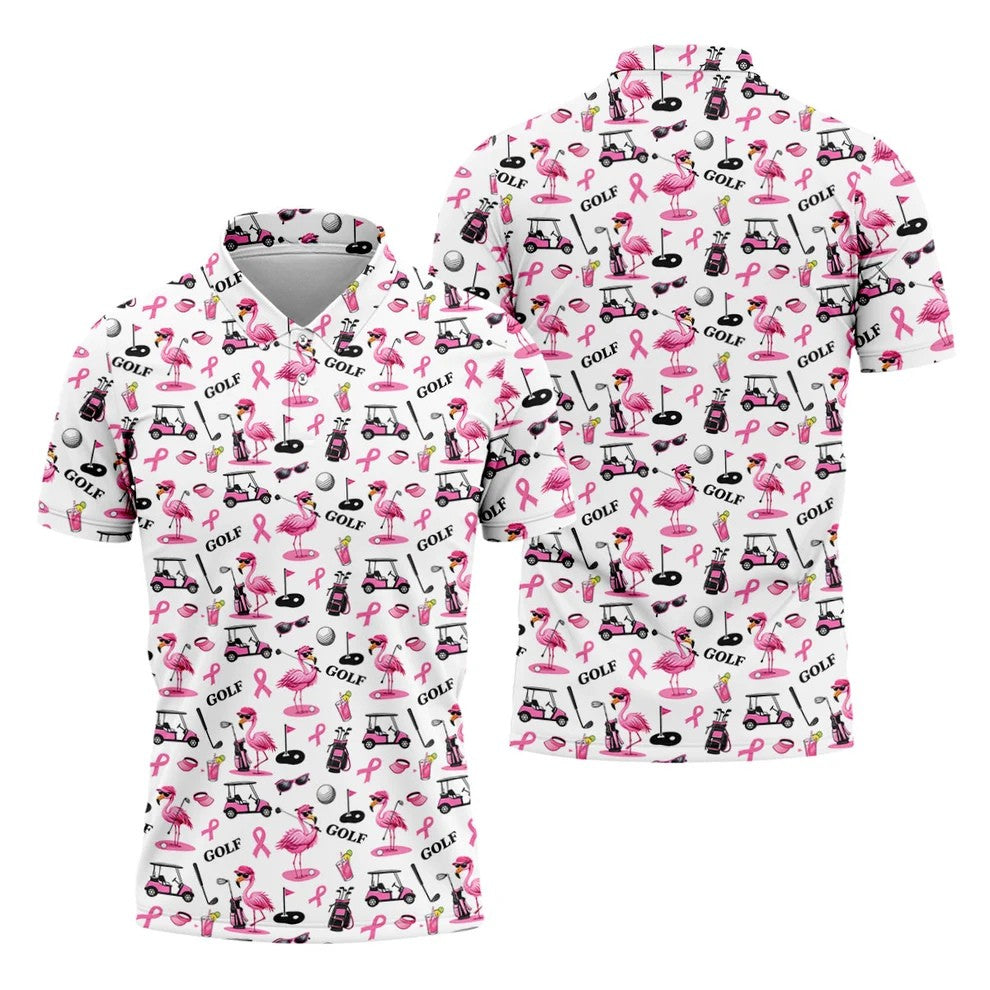 Pink Flamingo Golf Breast Cancer Polo Shirt, Golf Shirts For Men, Mens Golf Apparel