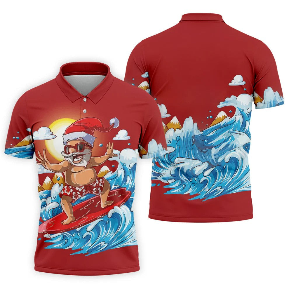 Men's Funny Santa Surfing Men's Golf Polo, Christmas Golf Shirt, Golf Apparel For Men