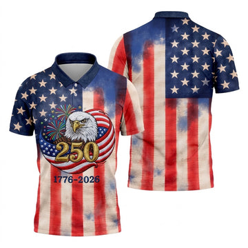 250 Years Bald Eagle US Flag Faded Color Retro Golf Shirt, Patriotic 4th Of July Golf Shirts For Men