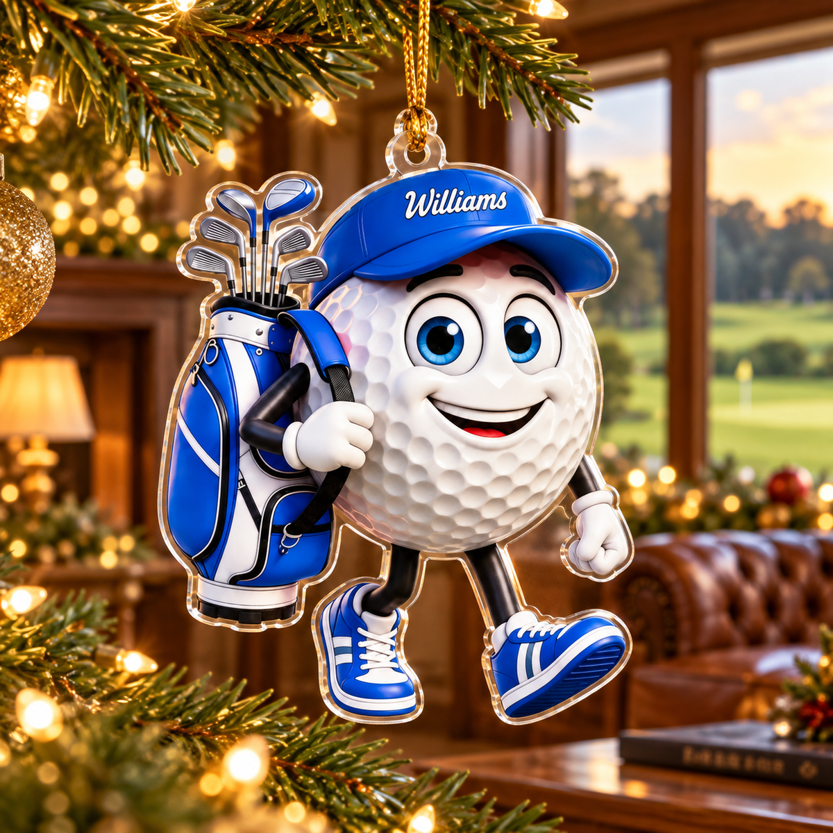 Custom Name Blue Walking Golf Ball Acrylic Ornament, Christmas Gifts, Golfer Gifts
