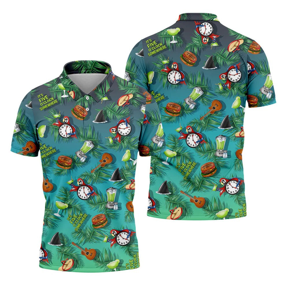 Teal Tropical Cocktail Parrot Pattern Golf Polo Shirt, Men's Golf Shirt, Golf Polo Shirts For Men