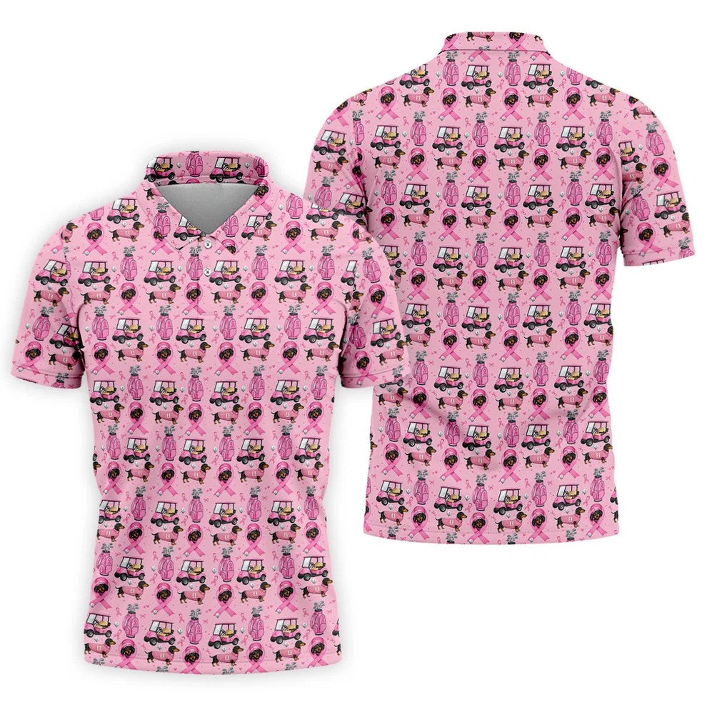 Cute Dog Golf Cart Breast Cancer Ribbon Polo Shirt, Men's Golf Shirt, Mens Golf Apparel