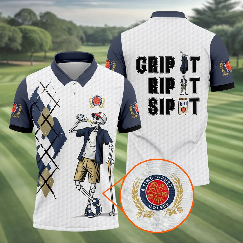Funny Skeleton Golfer Drinking Beer Polo Shirt, Mens Golf Polo, Golf Apparel For Men