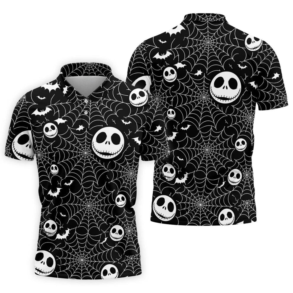 Black Horror Character Spider Web Pattern Golf Polo Shirt, Mens Golf Polo, Hawaiian Golf Shirt