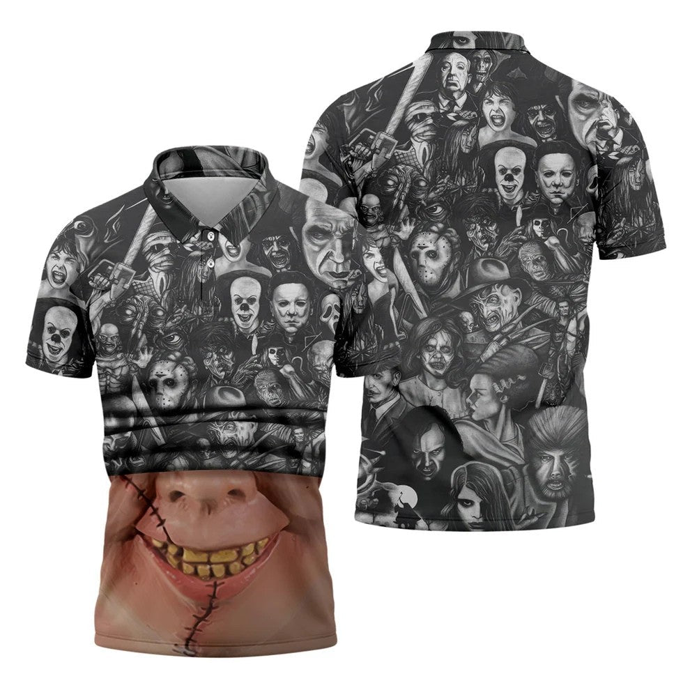 Stitched Face Horror Character Halloween Polo Shirt, Mens Golf Polo, Mens Golf Apparel