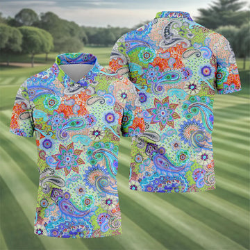Colorful Boho Paisley Floral Pattern Golf Polo, Hawaiian Golf Shirt, Golf Apparel For Men