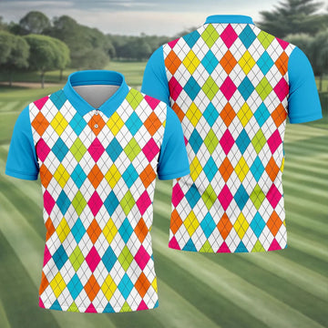 Retro Argyle Diamond Checkered Golf Shirt, Mens Golf Polo, Printed Golf Shirts
