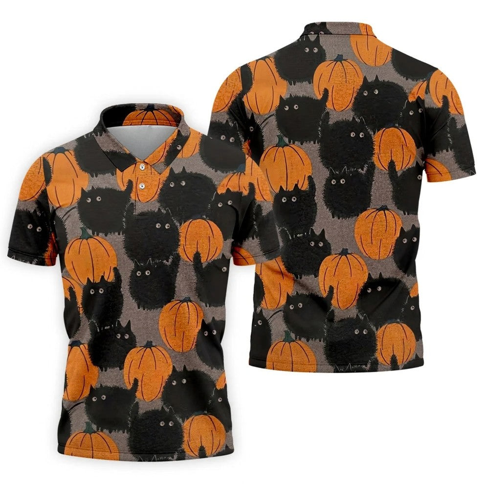 Black Cat Pumpkin Halloween Golf Polo Shirt, Mens Golf Apparel, Golf Shirts For Men
