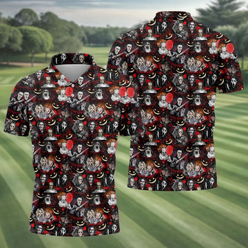 Horror Character Halloween Pattern Golf Polo Shirt, Mens Golf Shirts, Hawaiian Golf Shirt