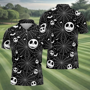Black Horror Character Spider Web Pattern Golf Polo Shirt, Mens Golf Polo, Hawaiian Golf Shirt