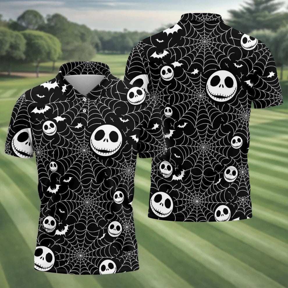 Black Horror Character Spider Web Pattern Golf Polo Shirt, Mens Golf Polo, Hawaiian Golf Shirt