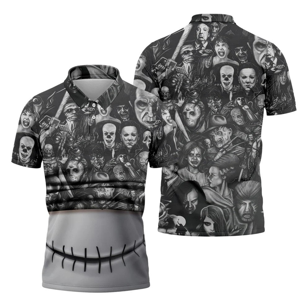 Stitched Skull Horror Character Halloween Polo Shirt, Men's Golf Shirt, Mens Polo Shirts
