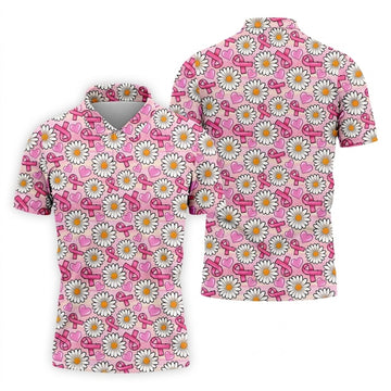 Daisy Pink Breast Cancer Golf Shirt, Mens Golf Polo Shirt White Polo Shirt, Golfing Apparel