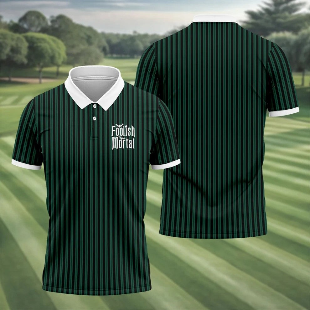 Green Foolish Mortal Striped Golf Polo Shirt, Men's Golf Shirt, Halloween Shirt For Men