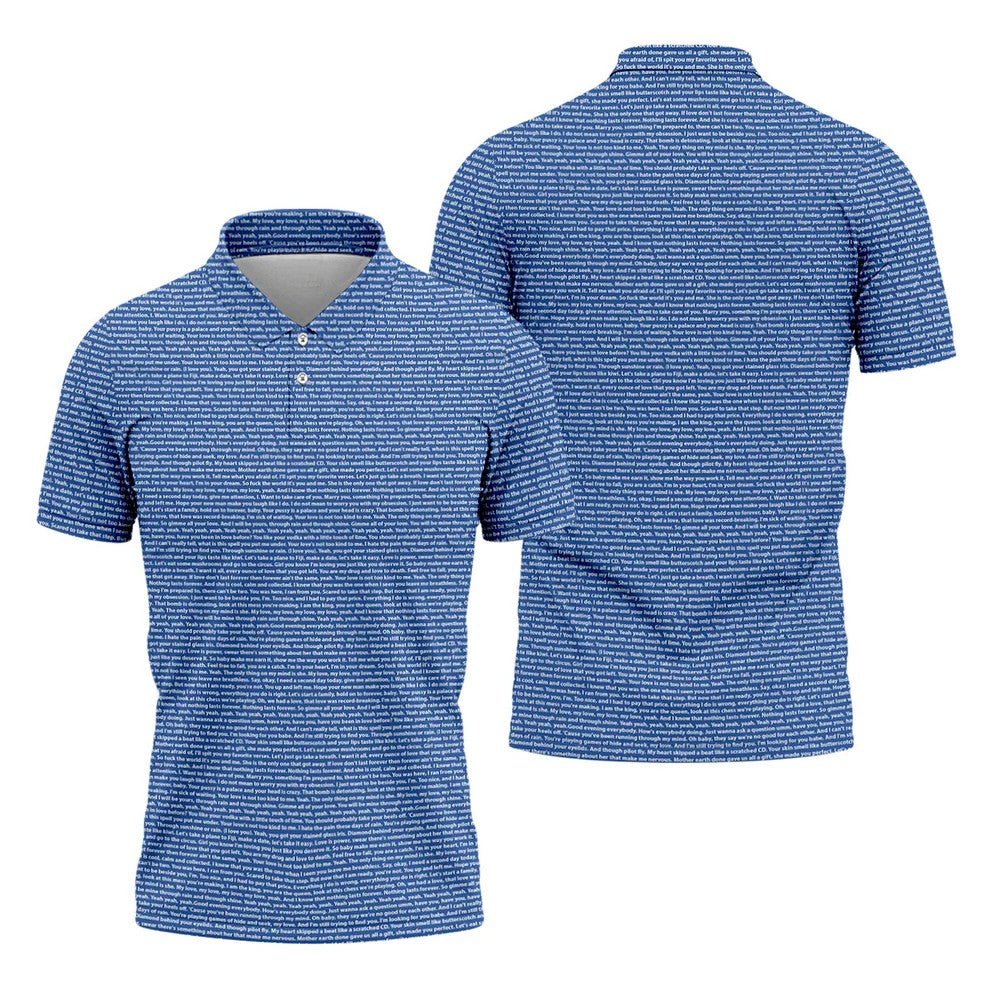 Blue Text Pattern Golf Polo Shirt, Golf Polo Shirts For Men, Mens Golf Apparel