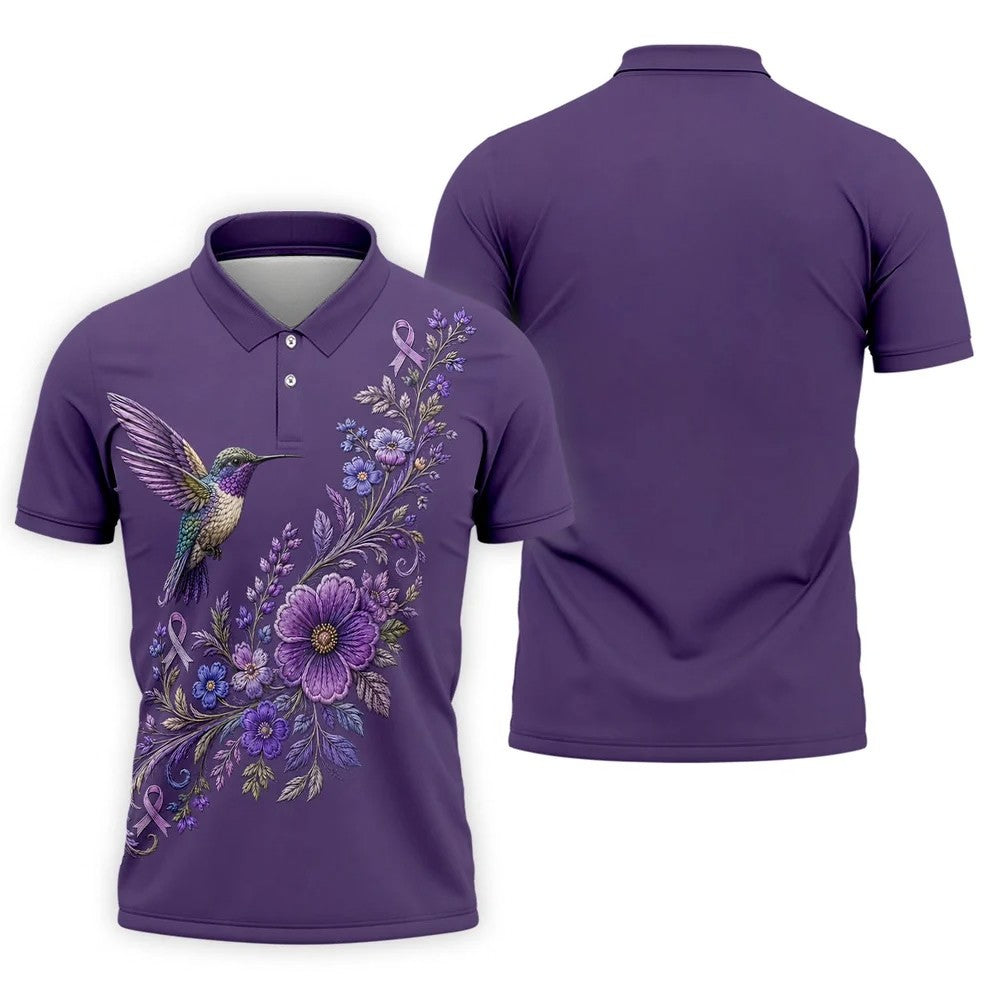 Cancer Awareness Purple Ribbon Floral Polo Shirt, Mens Golf Polo, Golf Shirts For Men