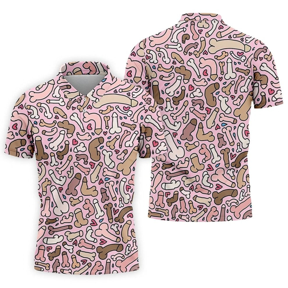Funny Adult Doodle Pink Pattern Polo Shirt, Mens Golf Polo, Golf Shirts For Men
