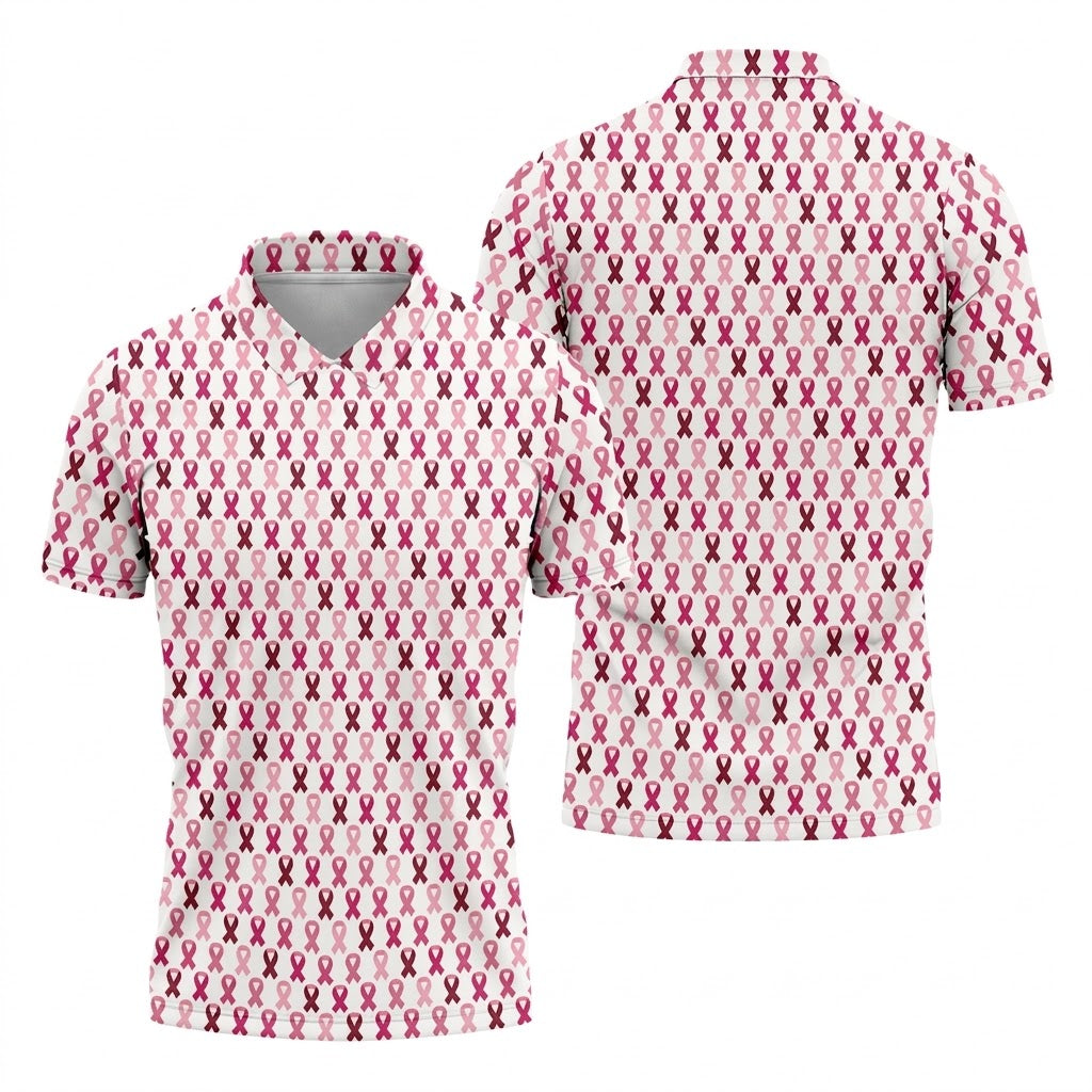 Pink Ribbon Men's Golf Shirt, Pink Golf Shirt Men, Breast Cancer Golf Shirt, Breast Cancer Awareness Shirt