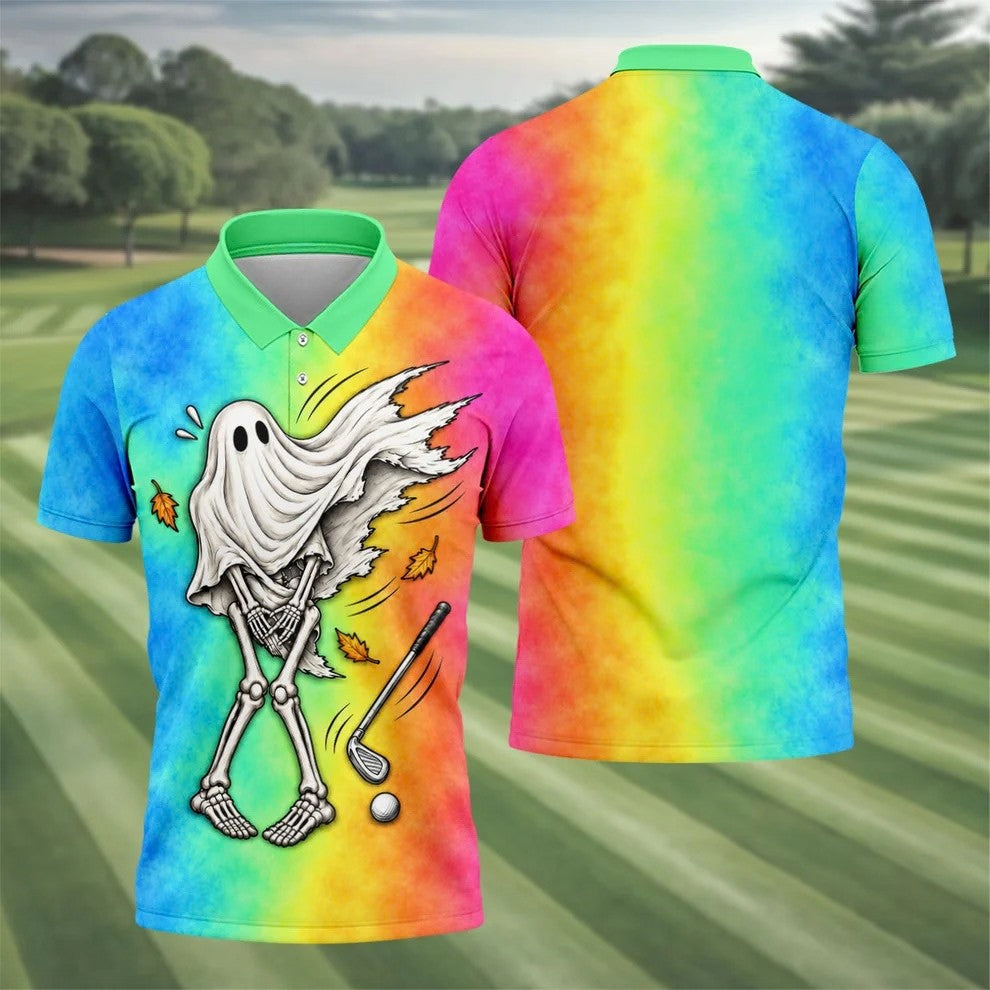 Windy Skeleton Ghost Golf Polo Shirt, Halloween Shirts For Men, Golf Polo Shirts For Men