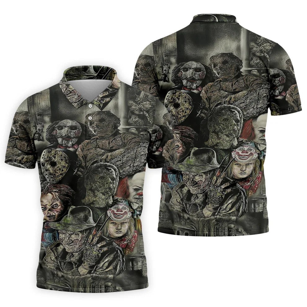 Horror Character Collage Golf Polo Shirt, Men's Golf Polo, Hawaiian Golf Shirt