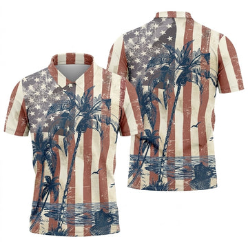 Hawaiian Theme Distressed US Flag Patriotic Golf Shirt, 250 Years 4th Of July Golf Shirts For Men