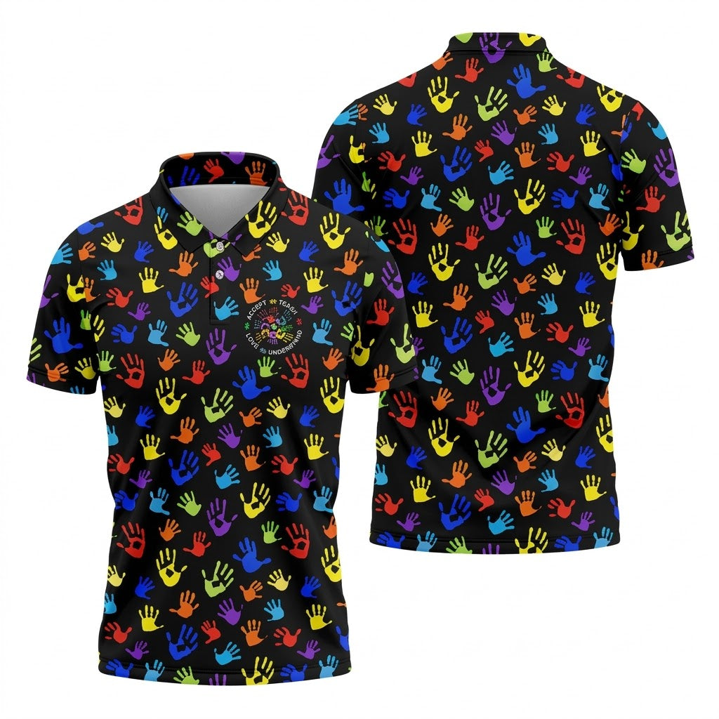 Accept Teach Understand Love Autism Awareness Colorful Handprint Black Golf Shirt, Golf Shirts For Men