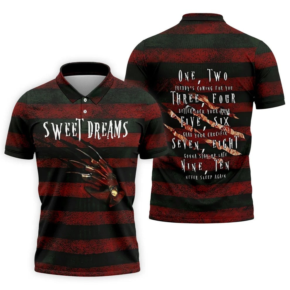 Sweet Dreams Freddy Horror Character Golf Polo Shirt, Printed Golf Shirts, Men's Golf Shirt