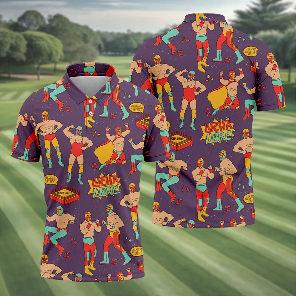 Purple Lucha Libre Mexican Wrestler Pattern Golf Shirt, Men's Golf Shirt, Mens Polo Shirts
