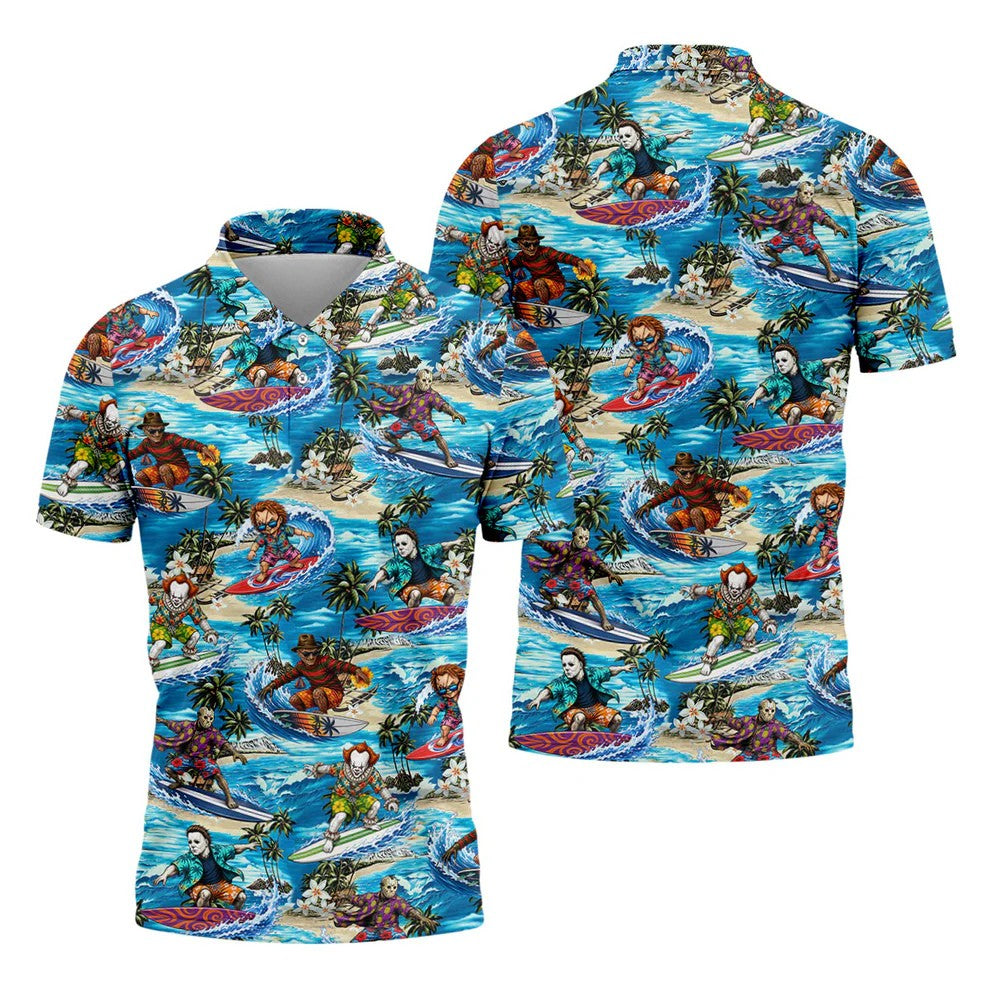 Horror Character Surfing Hawaiian Golf Shirt, Tropical Slasher Golf Shirt, Golf Shirts For Men