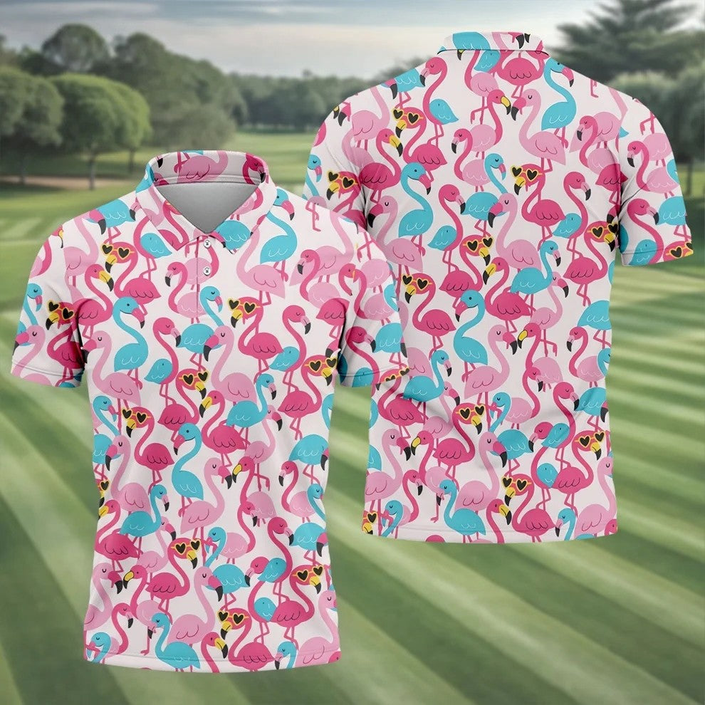 Funny Pink Flamingo Pattern Polo Golf Shirt, Mens Golf Polo, Golf Shirts For Men