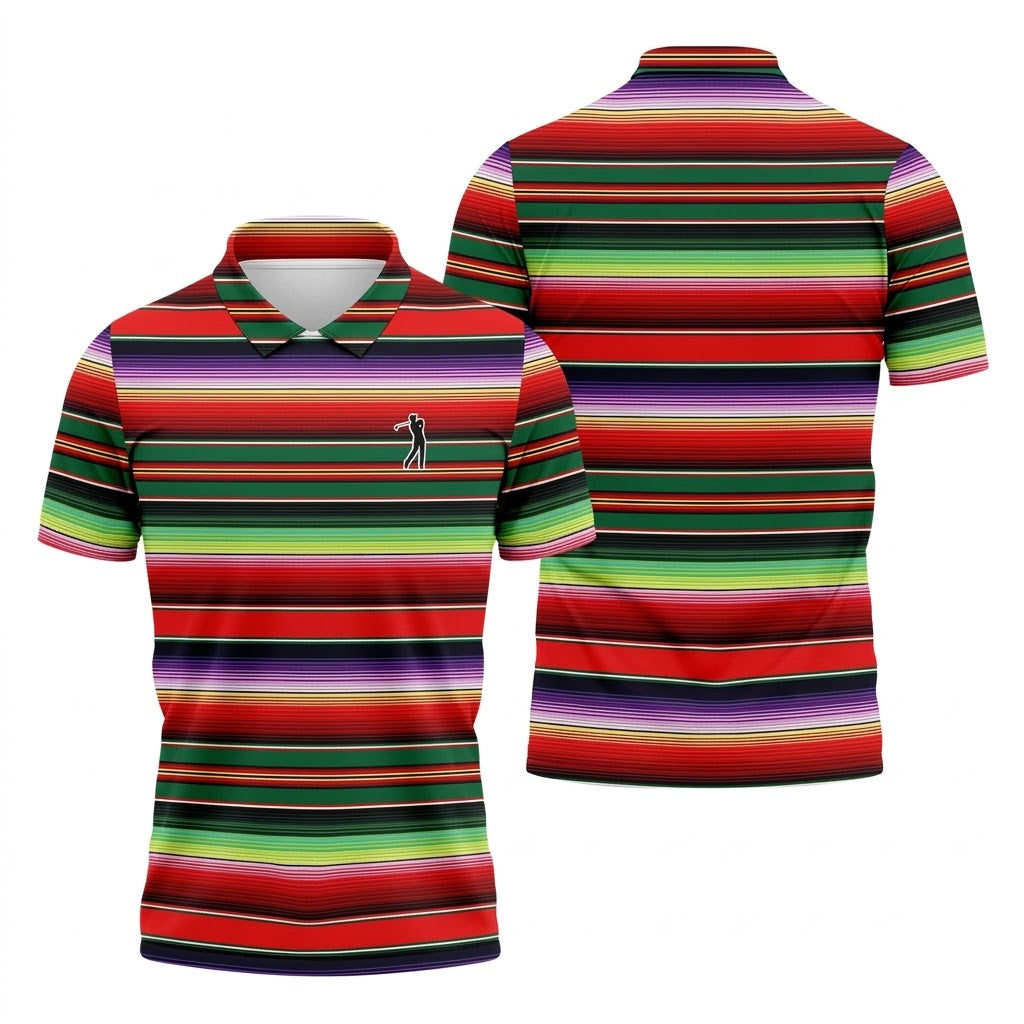 Colorful Stripes Sarape Pattern Cinco De Mayo Celebration Fiesta Themed Golf Shirts For Men