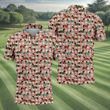 Christmas Dachshund Pink Checkered Golf Tops For Men, Christmas Golf Shirt, Polo Shirts For Men