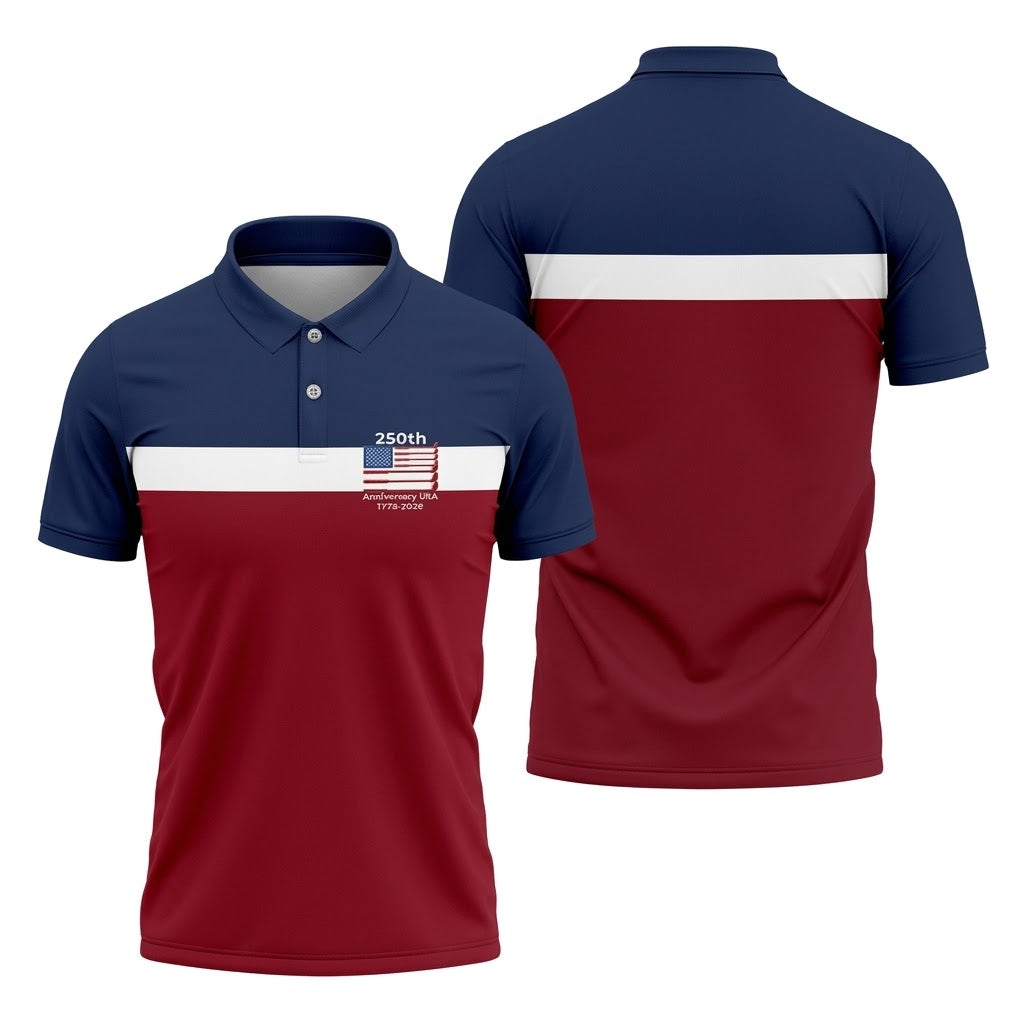 250th Anniversary USA 1776-2026 Red White Blue Printed Golf Tops For Men, 4th Of July Golf Shirts For Men