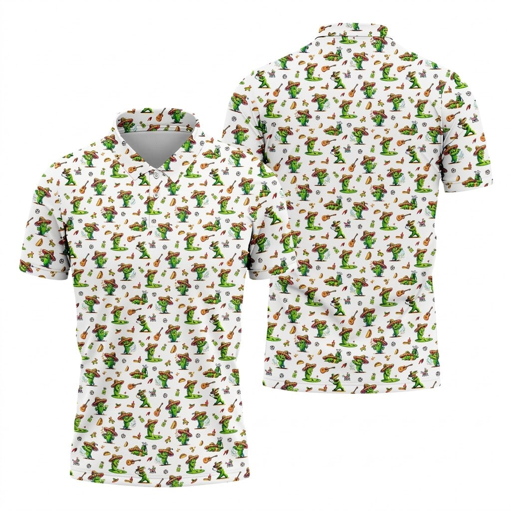 Cartoon Mustach Funny Cactus Cinco De Mayo Celebration Fiesta Themed White Golf Shirts For Men