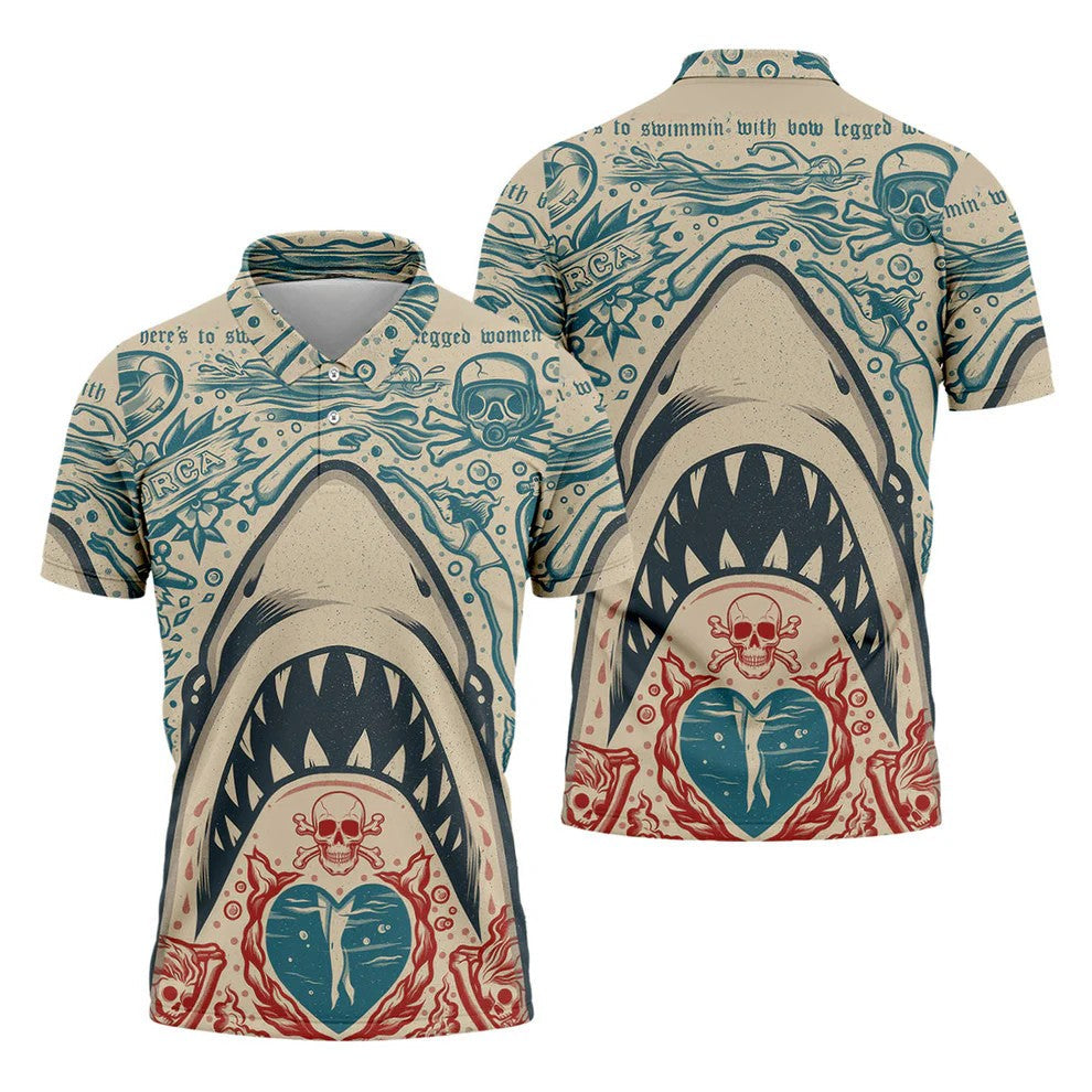 Vintage Shark Jaw Tattoo Art Golf Polo Shirt, Golf Shirts For Men, Printed Golf Shirts