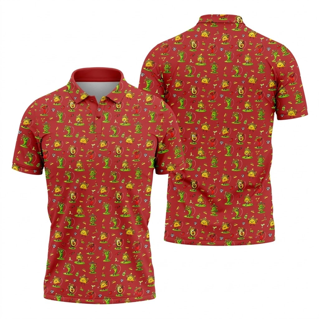 Mexican Cartoon Food Characters Cinco De Mayo Celebration Fiesta Themed Red Golf Shirts For Men