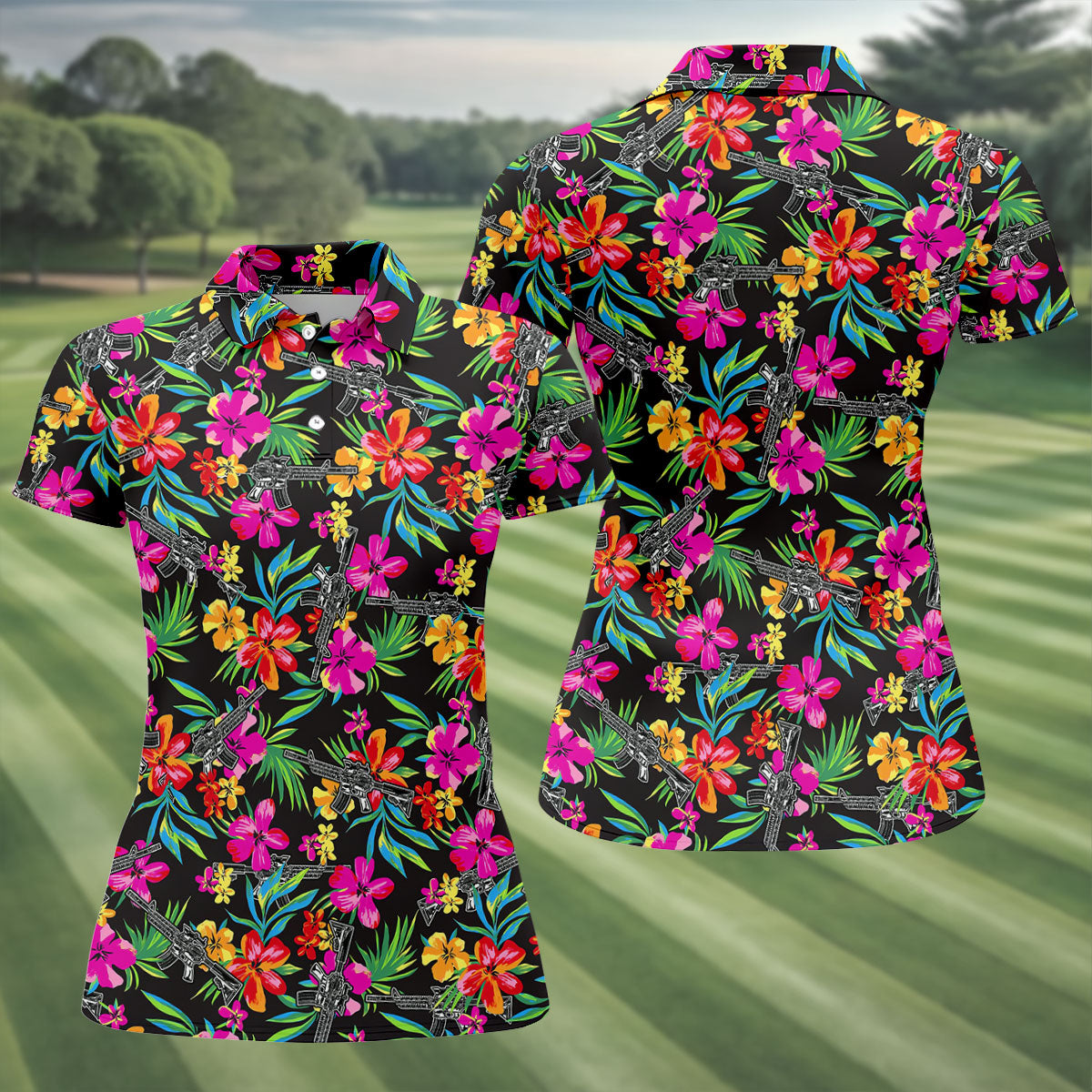Black Tropical Floral Rifle Pattern Golf Polo Shirt, Golf Shirts For Women, Women's Golf Polo