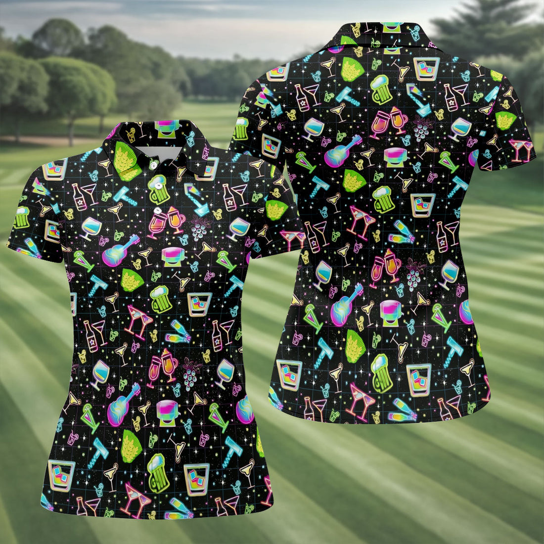 Neon Cocktail Party Pattern Golf Shirt, Women's Golf Shirt, Hawaiian Golf Shirt