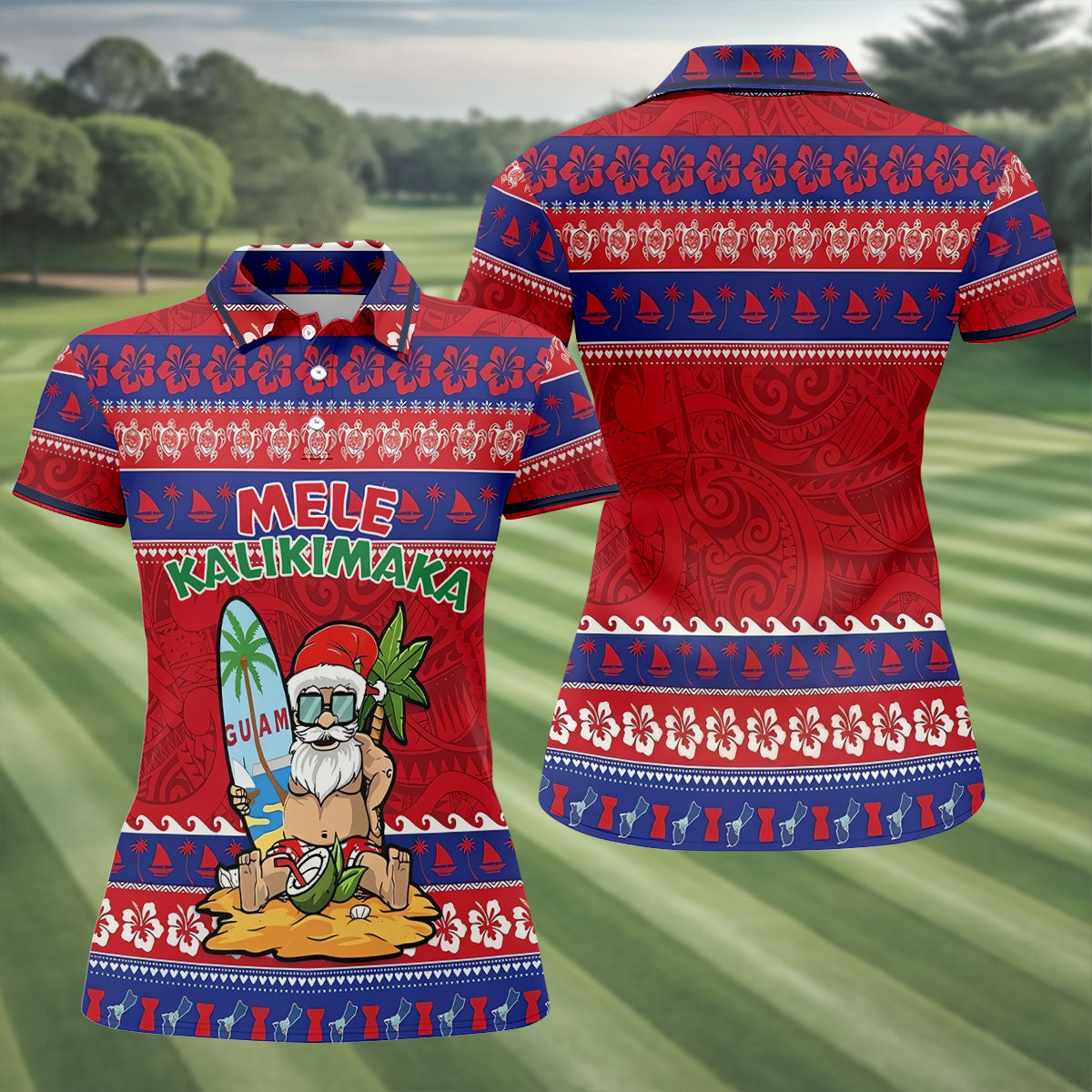 Guam Santa Mele Kalikimaka Christmas Golf Shirt, Women's Golf Tops, Hawaiian Golf Shirt, Golf Shirts For Women