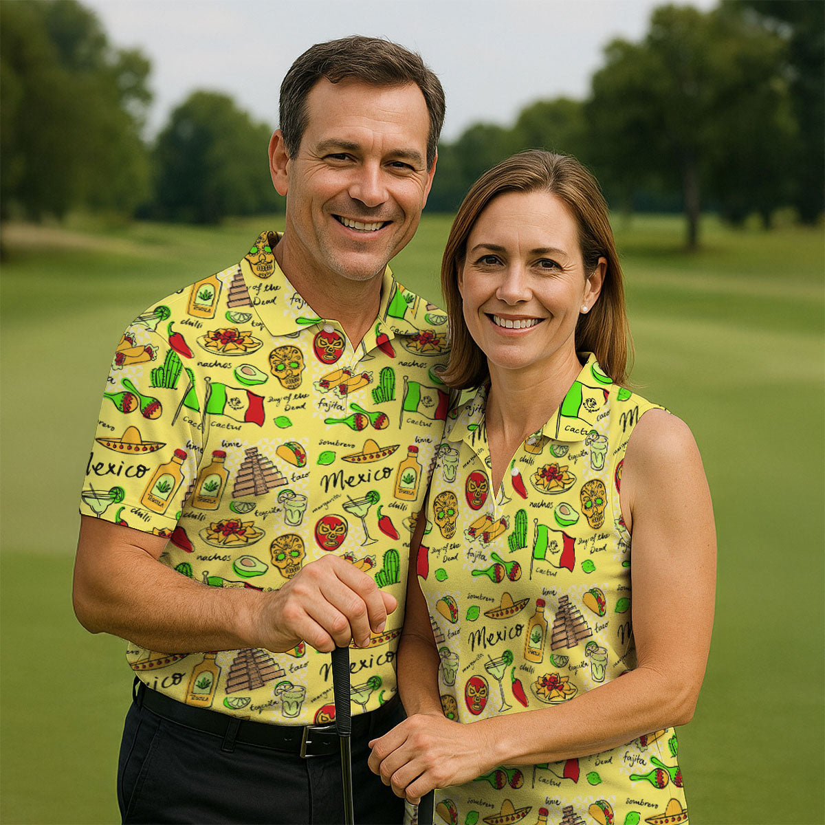 Mexican Cultural Symbols Day Of The Dead Golf Tops For Men, Cinco De Mayo Celebration Golf Shirts For Men