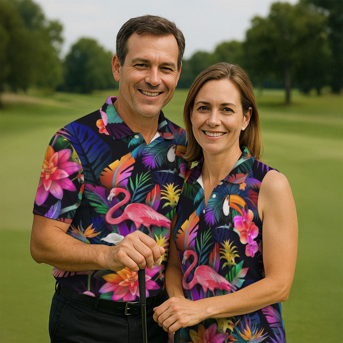 Colorful Tropical Birds And Flamingo Golf Shirt, Mens Golf Polo, Printed Golf Shirts