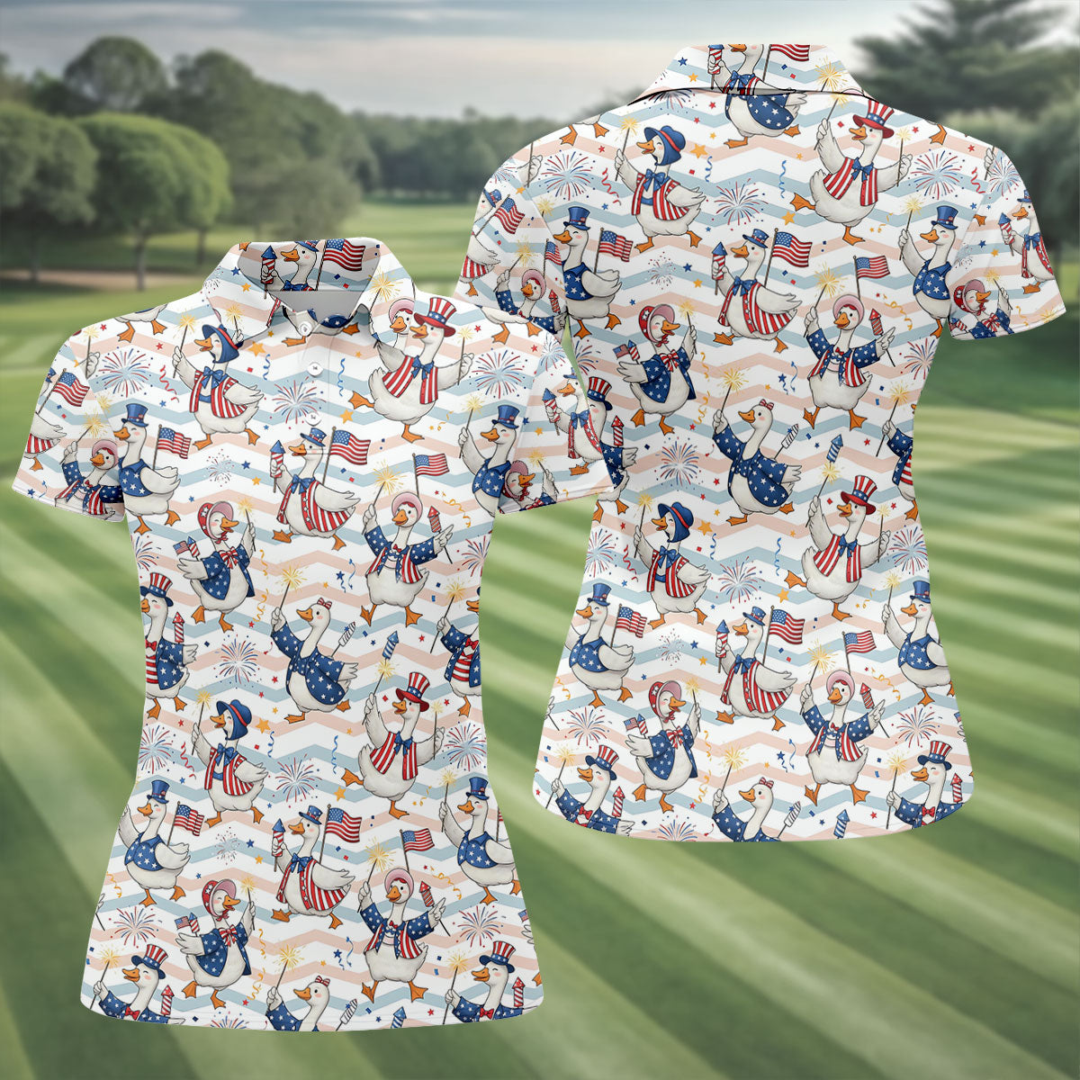 Patriotic Duck USA Flag Fireworks Polo Shirt, Womens Golf Polo, Golf Shirts For Women