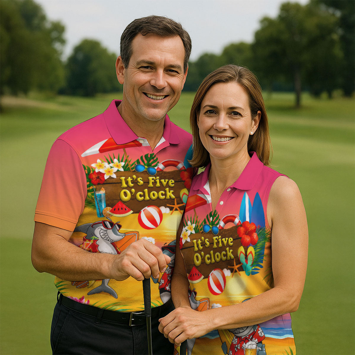 Pink Sunset It's Five O'Clock Beach Shark Golf Polo Shirt, Men's Golf Shirt, Golf Polo Shirts For Men